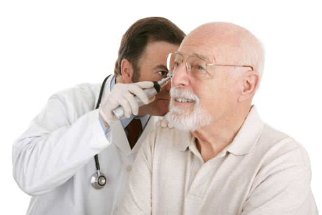 A mature patient being checked by audiologist to detect hearing problems.